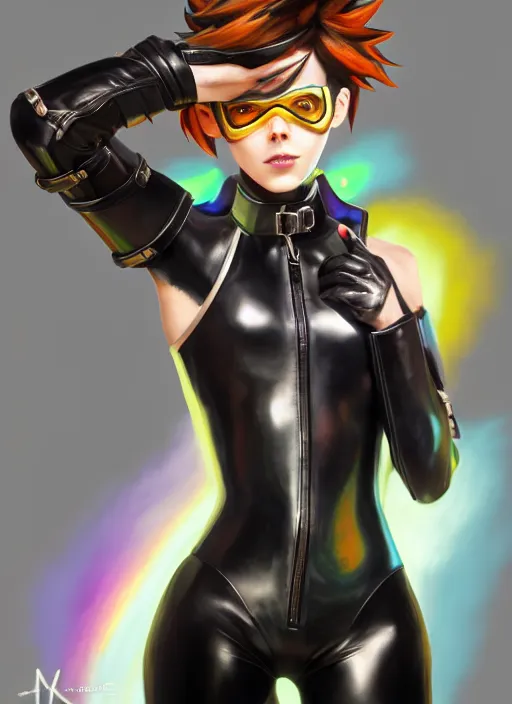 Image similar to oil painting digital artwork of tracer overwatch, confident pose, wearing black iridescent rainbow latex, 4 k, expressive happy smug expression, makeup, in style of mark arian, wearing leather collar, wearing sleek armor, black leather harness, expressive detailed face and eyes,