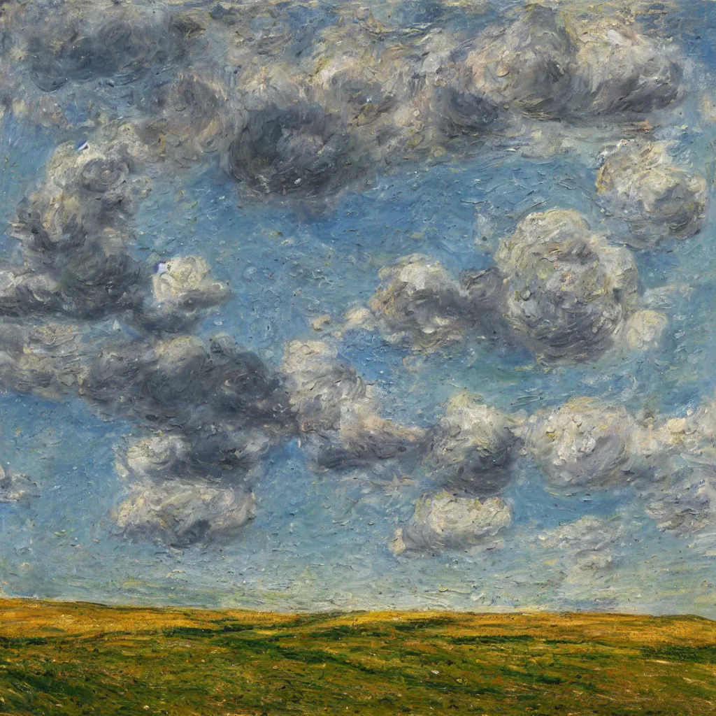 Prompt: oil paint impasto relief, rolling sussex downs near mount caburn, atmospheric, cumulus clouds, sun and rain, some splattered paint, in the style of monet and frank auerbach
