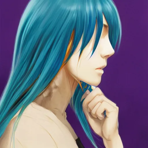 Image similar to side profile of rimuru tempest with sky blue hair, long hair, sharp face, gold eyes, high collar, black jacket | shiny, highly detailed, rain, professional digital painting, concept art, award - winning photography, cinematic, wlop | art by pixiv art, yoshitaka amano, deviantart