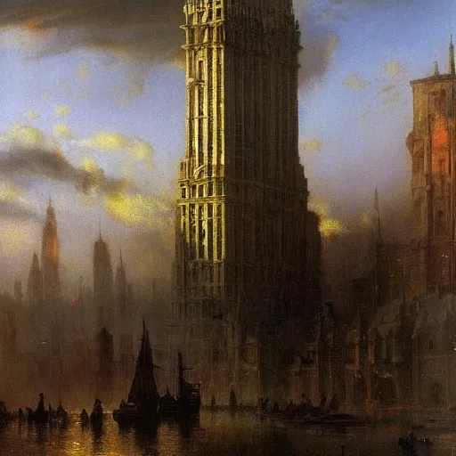 Image similar to opalescent, play doh by alan bean, by andreas achenbach. experimental art. a cityscape in which tall, imposing buildings loom over a small city park. the scene is suffused with a eerie, light, & the overall effect is one of foreboding & menace.