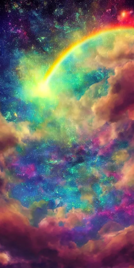 Image similar to hyper realistic photo of beautiful dreamy sky full of a billion rainbow stars, yoda, hyper realistic, fractal art, art station, coherent design, symmetrical, vivid colour, complementary colour, golden ratio, detailed, sharp lines, intricate, rainbow shift, in unreal 3 d engine, ray tracing, octane render