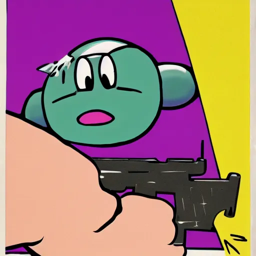 Prompt: kirby holding a pistol, cartoon