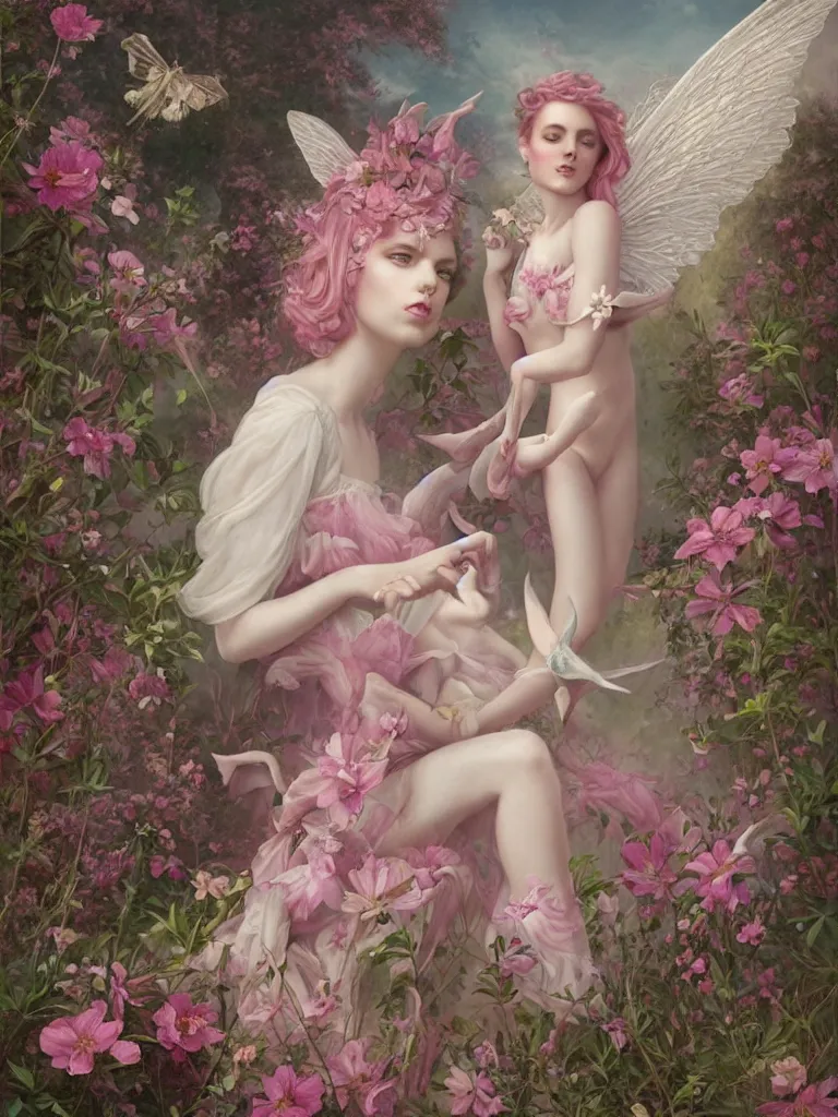 Prompt: pink fairy with large wings exploring her flower garden by tom bagshaw, extremely detailed, muted colors