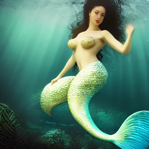 Image similar to beautiful mermaid siren, siren song, thin pale wan female, beautiful mermaid, under water, photoreal, 8 k resolution