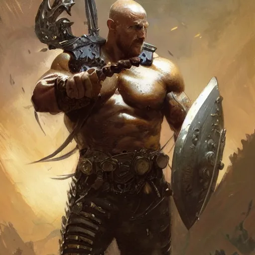 Prompt: a fierce and muscular male warrior in full armor, fantasy character portrait by greg rutkowski, gaston bussiere, craig mullins, simon bisley