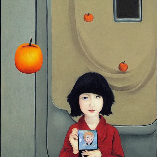 Image similar to tall emo girl artist holding small portraits and a persimmon on a train, on shinkansen in tokyo, shinagawa station, pigs, octopus, acrylic on canvas, surrealist, by magritte and monet