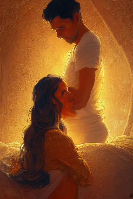 Image similar to portrait of tinfoil hat man in orange t - shirt hugging from behind his wife in a bed, feelings, romantic, fantasy, intricate, elegant, highly detailed, digital painting, artstation, concept art, smooth, sharp focus, illustration, art by artgerm and greg rutkowski and alphonse mucha