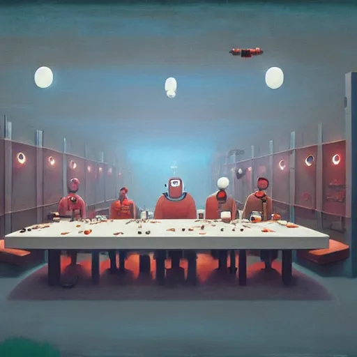 Image similar to the last supper with robots by simon stalenhag