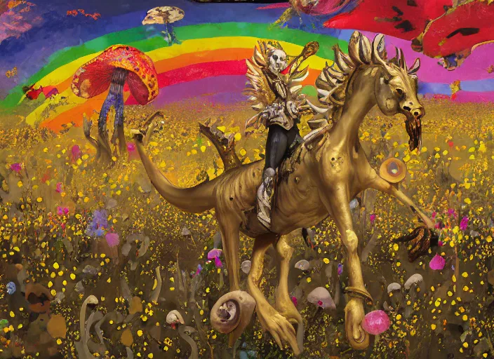 Image similar to expressionistic decollage painting golden armor alien zombie horseman riding on a translucent bone dragon broken rainbow diamond maggot horse in a blossoming meadow full of colorful mushrooms and golden foil toad blobs in a golden sunset, distant forest horizon, painted by Adrian Ghenie, Danny Fox and Hilma af Klint, pixelated, buff, color field painting, graffiti tag, byzantine art, pop art feel, naive. Mark Rothko painting, part by Philip Guston and Frank Stella art by Barnett Newman, 8k, extreme detail, intricate detail, masterpiece