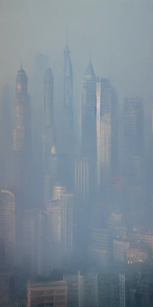 Prompt: A smoky Shanghai city, George Ault painting style.