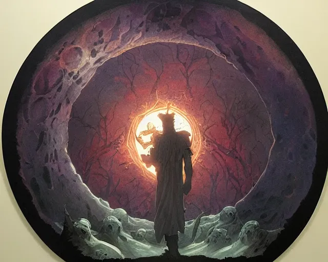 Image similar to a druid standing in a circle at the beginning of the world by greg rutkowski and frank frazetta and peter mohrbacher and william blake and dan mumford