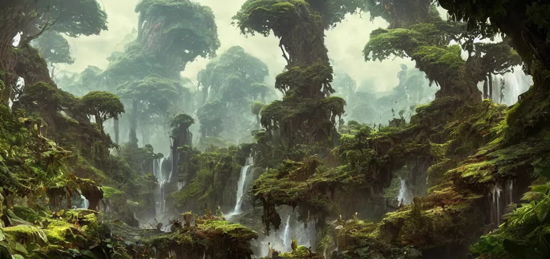 Image similar to Fantasy overgrown world , planet, waterfalls, ancient tree, Greg Rutkowski, Mike mignola, Kim Jung Gi, trending on Artstation, 8K, ultra wide angle, pincushion lens effect.