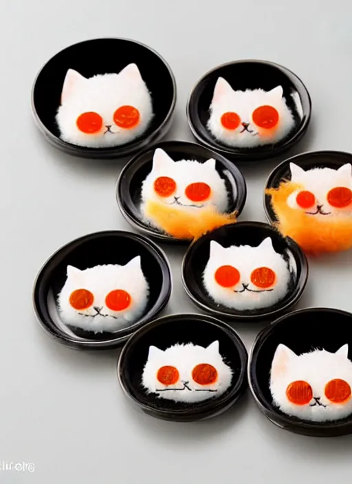 Image similar to clear surrealist painting of tiny adorable cats made from sushi rice, sitting on sushi plates with sushi, garnish, wasabi and soy sauce