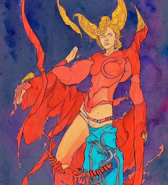 Image similar to a 3 / 4 view watercolor ink painting of velma as a god of destruction in the style of jean giraud in the style of moebius trending on artstation deviantart pinterest detailed realistic hd 8 k high resolution