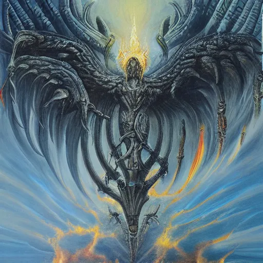 Prompt: painting by h. r. giger, phoenix rising from the ashes, energetic composition, cloudy, hellfire, brimstone, highly detailed painting, 4 k