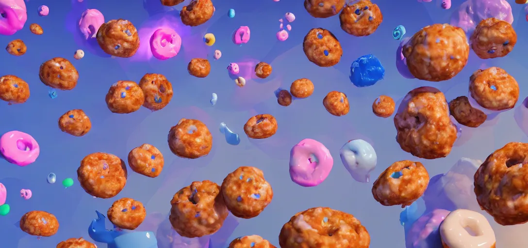 Image similar to screenshot from the movie \ cloudy with a chance of meatballs. \. turbulent sea of donuts. claymation. diorama. dutch angle. digital art. colorful. render. 4 k. 8 k. trending. wallpaper.