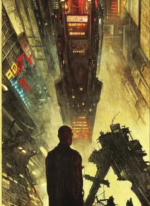 Image similar to the roy batty scene in blade runner, by norman rockwell and jason fabok and tom lovell and frank schoonover and dean cornwell and jack kirby