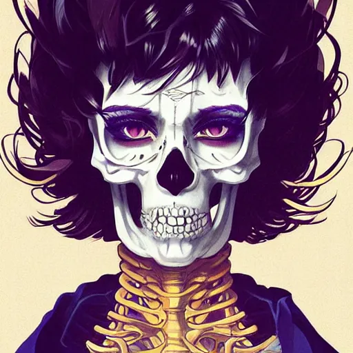 Image similar to anime manga skull portrait young woman skeleton, Simpsons , Disney , intricate, elegant, highly detailed, digital art, art by JC Leyendecker and sachin teng