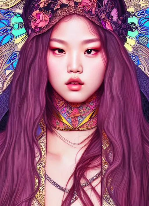 Image similar to jennie manoban of blackpink, tarot card, highly detailed, digital painting, smooth, sharp focus, illustration, ultra realistic, 8 k, art by artgerm and alphonse mucha