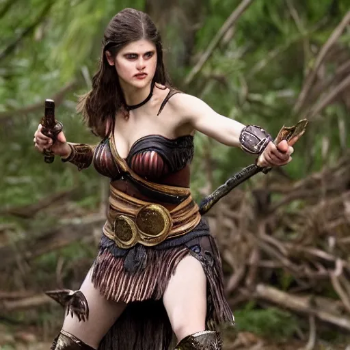 Image similar to full shot photo of alexandra daddario as an amazon warrior with daggers