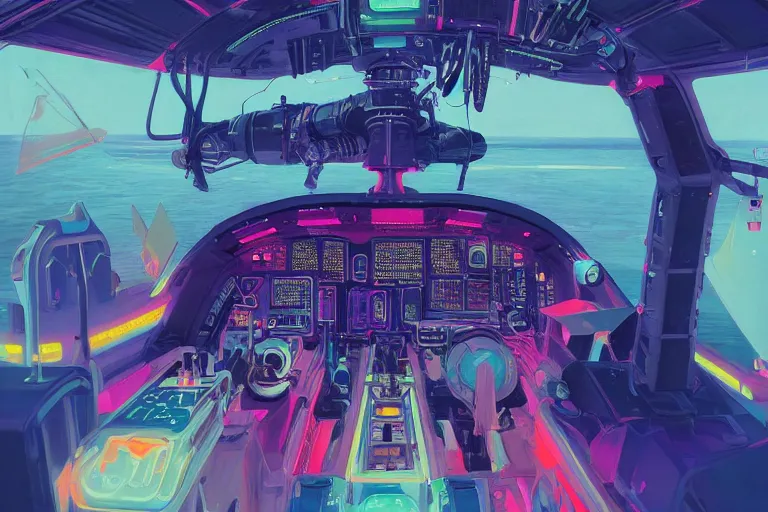 Prompt: cockpit of a futuristic submarine, neon colors, seapunk Mecha , vaporwave , digital art, artstation, by WLOP, Ilya repin, alphonse mucha., Very highly detailed 8K, octane, Digital painting, the golden ratio,