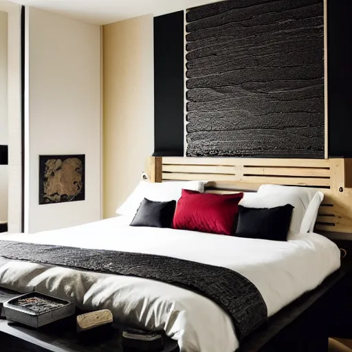 Image similar to bedroom, stone, interior design, stylish luxury hotel bedroom design, yakisugi, black vertical slatted timber, textures, feminine, black walls, art, Japanese pottery vase with flowers, Japanese influences