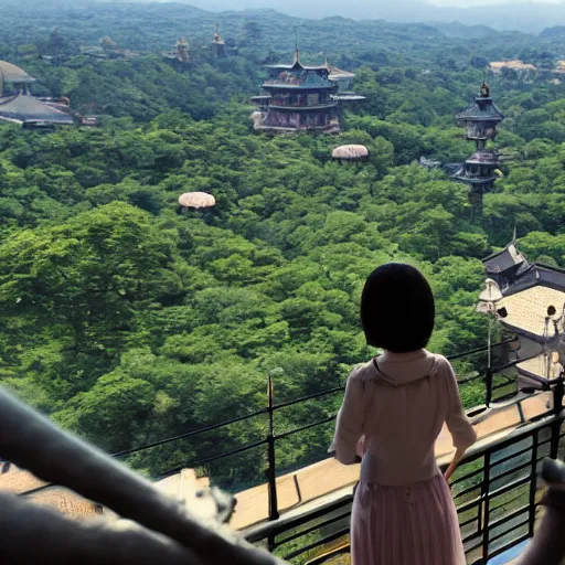 Image similar to makoto shinkai view from castle balcony overlooking kingdom