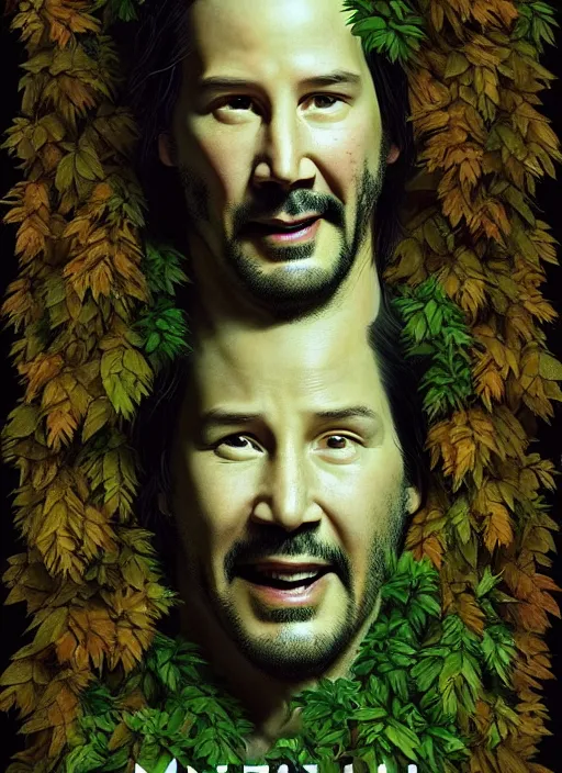 Image similar to highly detailed comedy caper movie poster with silly wacky zany keanu reeves as a sentient pile of leaves, keanu reeves green face as a sentient leafy bush by greg rutkowski, masterpiece, really funny, 1 0 / 1 0 comedy