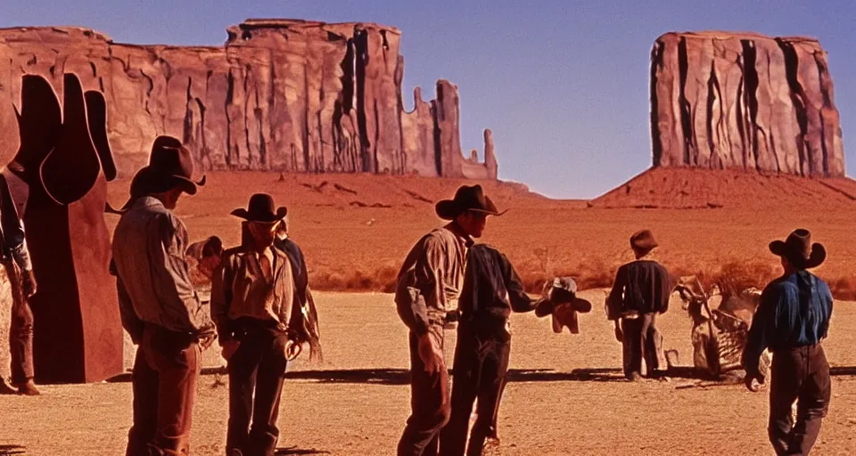 Image similar to film still showing cowboys looking at a gigantic abstract sculpture in the desert directed by Sergio Leone, western, monument valley, cinemascope, technicolor