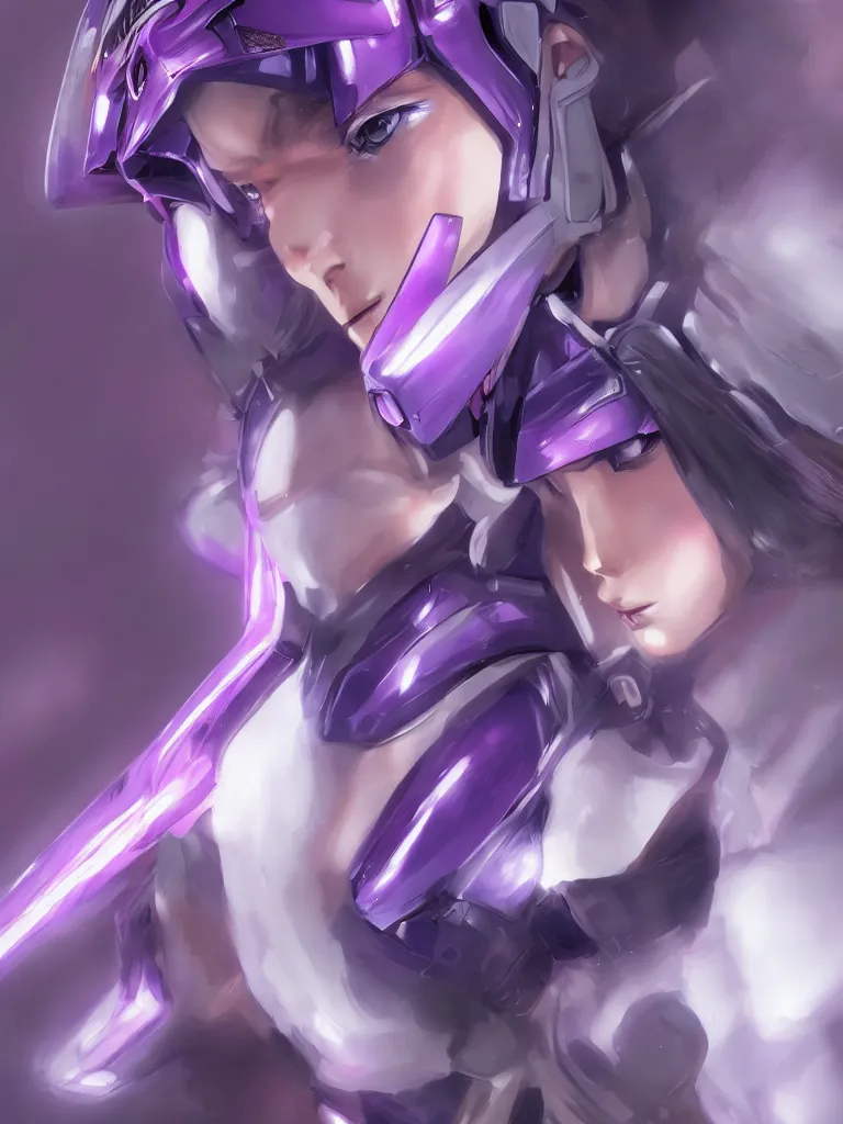 Image similar to A realistic anime portrait of a woman in a Gundam suit with glowing purple, digital painting, by Stanley Artgerm Lau, Sakimichan, WLOP and Rossdraws, digtial painting, trending on ArtStation, SFW version