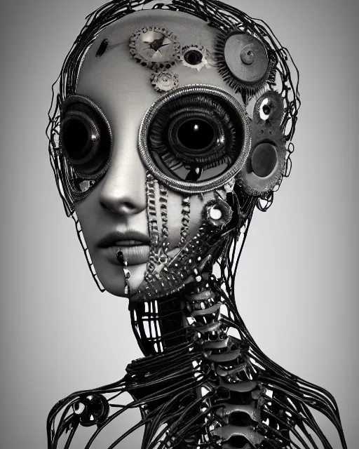 Image similar to black and white dreamy foggy smoky profile face portrait, one silver steampunk eye biomechanical beautiful young female cyclope - cyborg - robot bust, body ribs meshes,, volumetric light, hibiscus flowers, by hg giger, rim light, by dora maar and cecile beaton, big gothic fashion pearl embroidered collar, 8 k