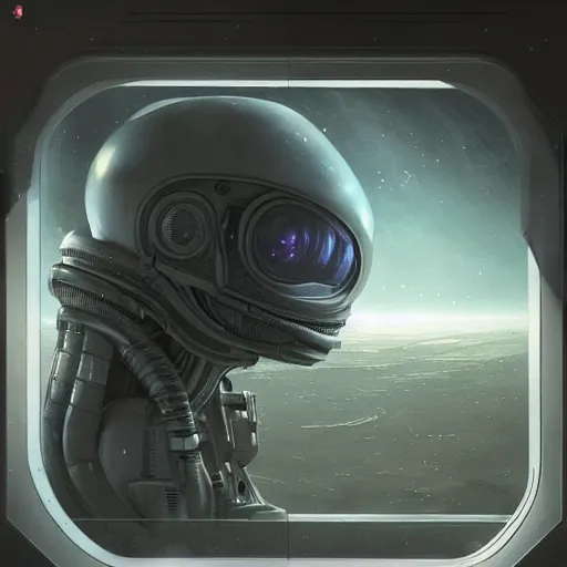 Image similar to An alien looking out of a window in space on a spaceship, illustrated by Greg Rutkowski, sci-fi art, photorealistic details, intricate details, 4k, 8k.