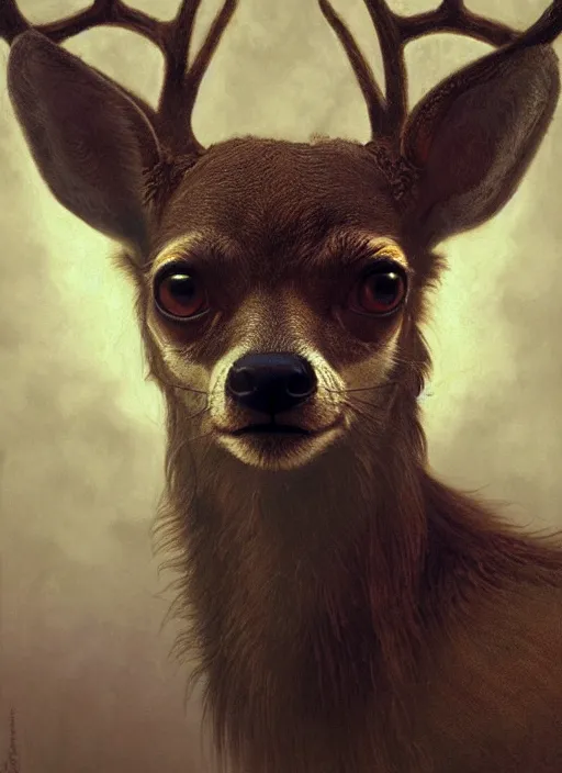 Image similar to deer chihuahua huge ominous glowing brown eyes staring into my soul, perfect eyes, soft pale golden skin, intricate stunning highly detailed, Agostino Arrivabene, Tomasz Strzalkowski, twisted bright lucid dream, 8k portrait render, swirling thick smoke , beautiful lighting, art nouveau, Alphonse Mucha, cgsociety