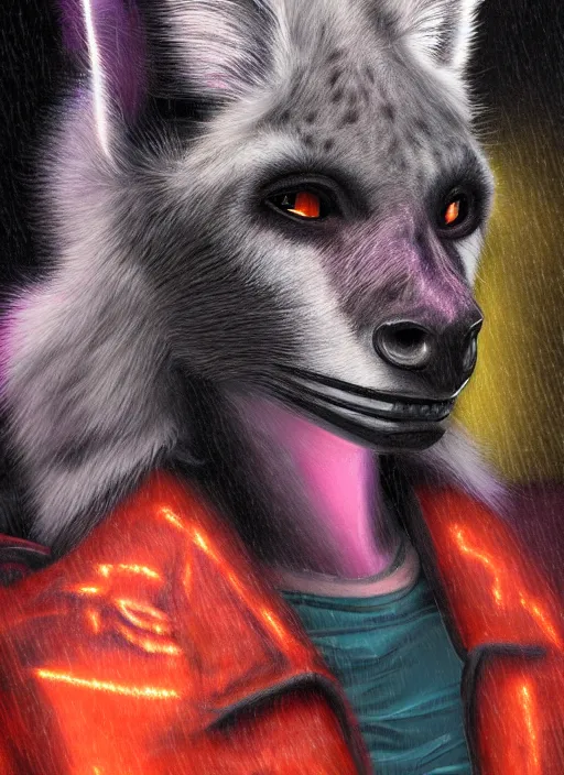 Prompt: oil painting of anthromorphic hyena female drawn in style of x _ ragdoll, fursona, furry fandom, neon rainy cyberpunk setting, anthro, wearing cyberpunk 2 0 7 7 jacket, detailed face,