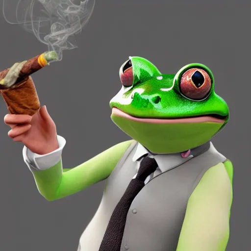 Image similar to a high quality photo of an antropomorphic frog wearing a suit smoking a cigar, 3d scene, render, ultra realistic, artstation, cgsociety