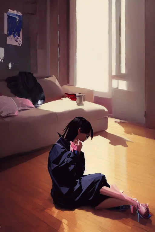 Image similar to A ultradetailed beautiful panting of a stylish girl sitting on the floor of a messy apartment, she is wearing an oversized jacket, Oil painting, by Ilya Kuvshinov, Greg Rutkowski and Makoto Shinkai