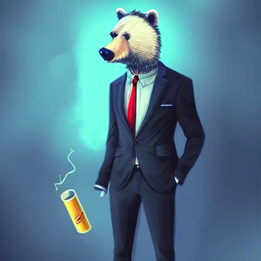 Image similar to a black bear wearing a suit and tie with a cigarette in his mouth, cyberpunk art by Cyril Rolando, featured on deviantart, furry art, furaffinity, smokey background, digital painting