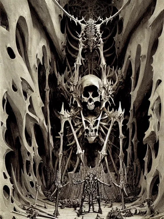 Prompt: One spiked horned semiork-semihuman skeleton with armored joints stands in a large cavernous throne room with sword in hand. Massive shoulderplates, boots, knees. Skull. Extremely high detail, realistic, fantasy art, solo, masterpiece, bones, ripped flesh, saturated colors, art by Zdzisław Beksiński, Arthur Rackham, Dariusz Zawadzki
