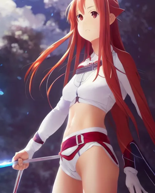 Prompt: photo of asuna from sao, asuna by a - 1 pictures, by greg rutkowski, artgerm, rossdraws, magali villeneuve, gil elvgren, alberto vargas, earl moran,, art frahm, enoch bolles, glossy skin, pearlescent, anime, maxim magazine,