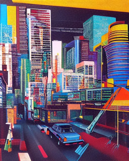 Prompt: urban retro technology, 9 0 s colors and shapes, wayne barlow, oil on canvas, deep depth of field, masterpiece, cinematic composition, hyperdetailed