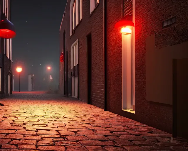 Prompt: view of a moonlit street in de rosse buurt, a window with a red light containing an anthropromorphic nvidia gpu, photorealistic atmospheric sensual lighting