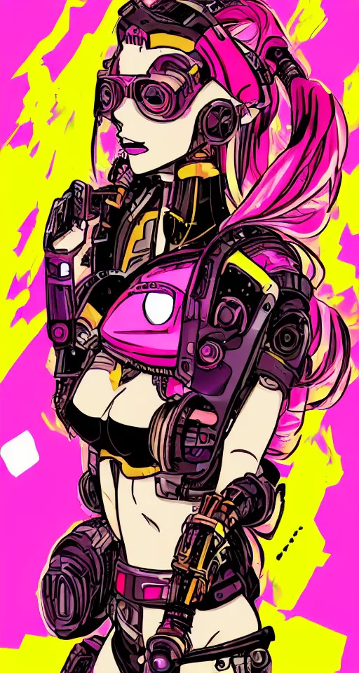 Image similar to portrait of a female cyborg cyberpunk gutterpunk, yellow and pink, in the style of manga