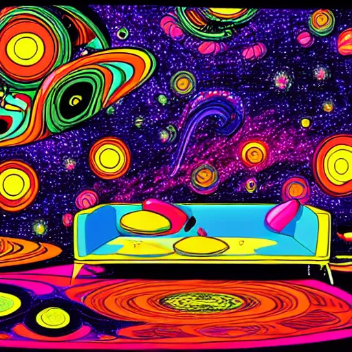 Prompt: psychedelic trippy couch in space, planets, milky way, sofa, cartoon