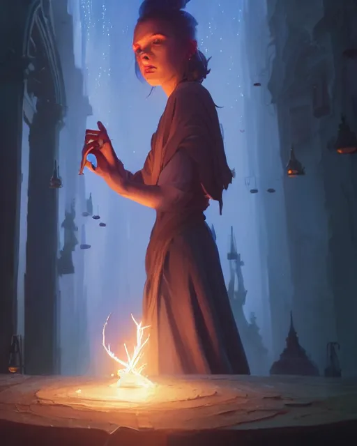Image similar to highly detailed vfx portrait of a mage casting a light spell, unreal engine, greg rutkowski, loish, rhads, beeple, makoto shinkai and lois van baarle, ilya kuvshinov, rossdraws, tom bagshaw, alphonse mucha, global illumination, detailed and intricate environment