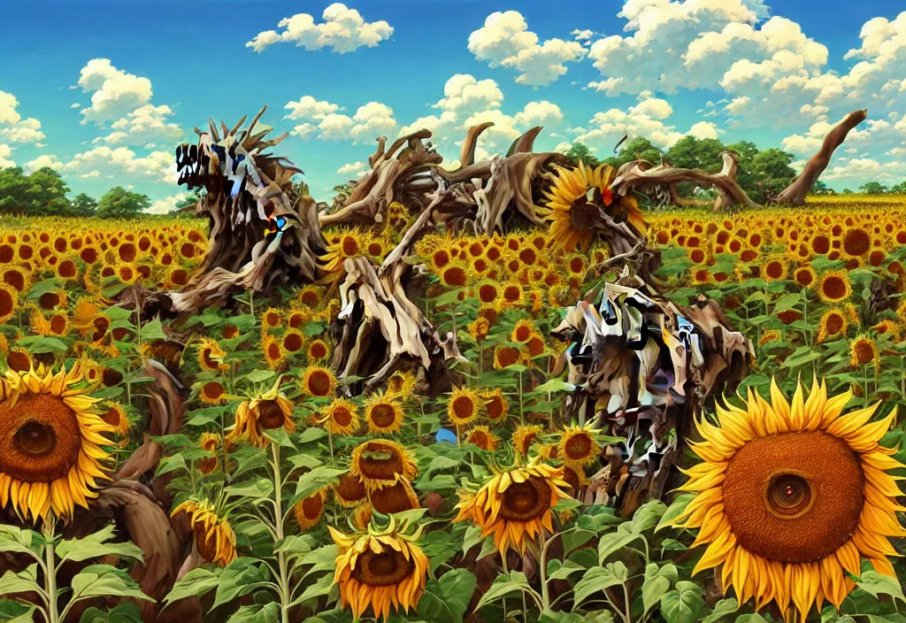 Image similar to giant animal bones in the countryside with sunflowers in the background, dramatic lighting, intricate oil painting, high detail illustration, sharp high detail, manga and anime 1 9 9 9, official fanart behance hd artstation by jesper ejsing and makoto shinkai, 4 k,