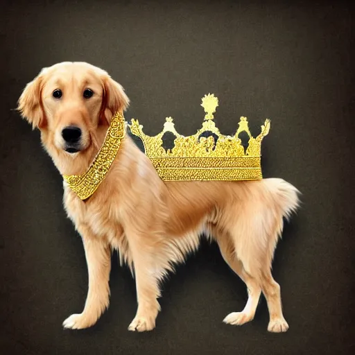 Image similar to Photomanipulation of golden retriver is dressed as a king, ultrarealism, photorealism, detailed, crown and gown