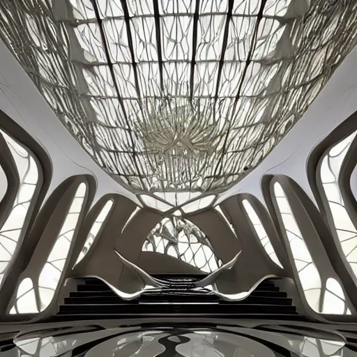 Image similar to extremely detailed ornate stunning beautiful elegant futuristic museum lobby interior by Zaha Hadid