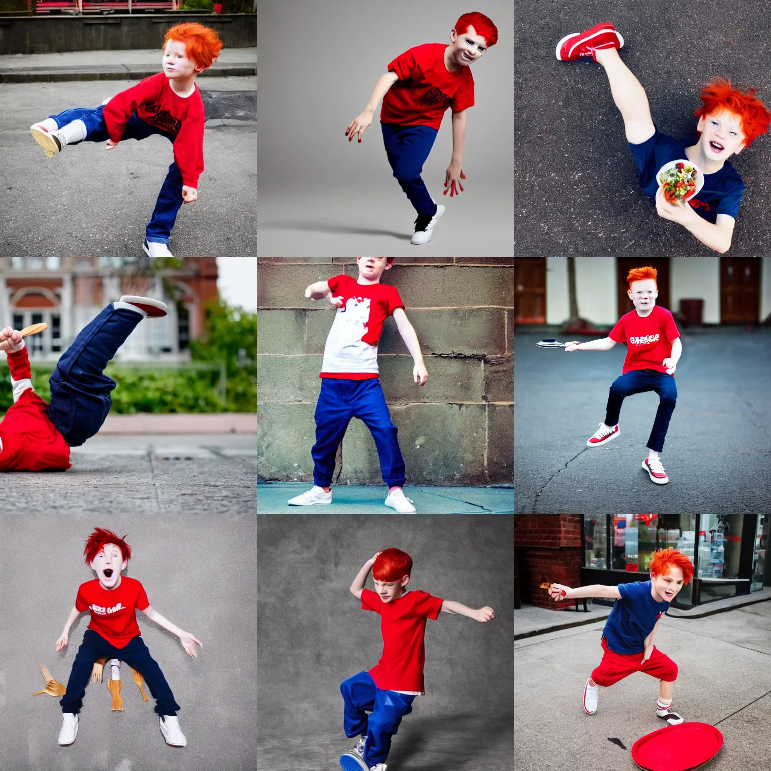 Prompt: A boy with red hair wearing a red T-shirt, dark blue pants and white shoes. The boy is breakdancing with plates and cutlery