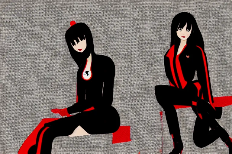 Prompt: a girl sitting vertically, wearing a black outfit with red trim, white background, soft shadow, vector shaded anime, detailed colors, digital art, 4 k