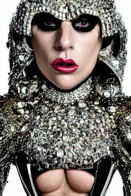 Image similar to very angry lady gaga forced by gucci for modeling in new gucci armor, luxury materials, symmetrical, cinematic, elegant, professional studio light, real dlsr photography, sharp focus, 4 k, ultra hd, sense of awe, high fashion